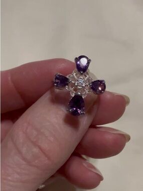 Sterling Silver Faith CZ Ring Purple Crystal Cross Size 5 - Engraved Band